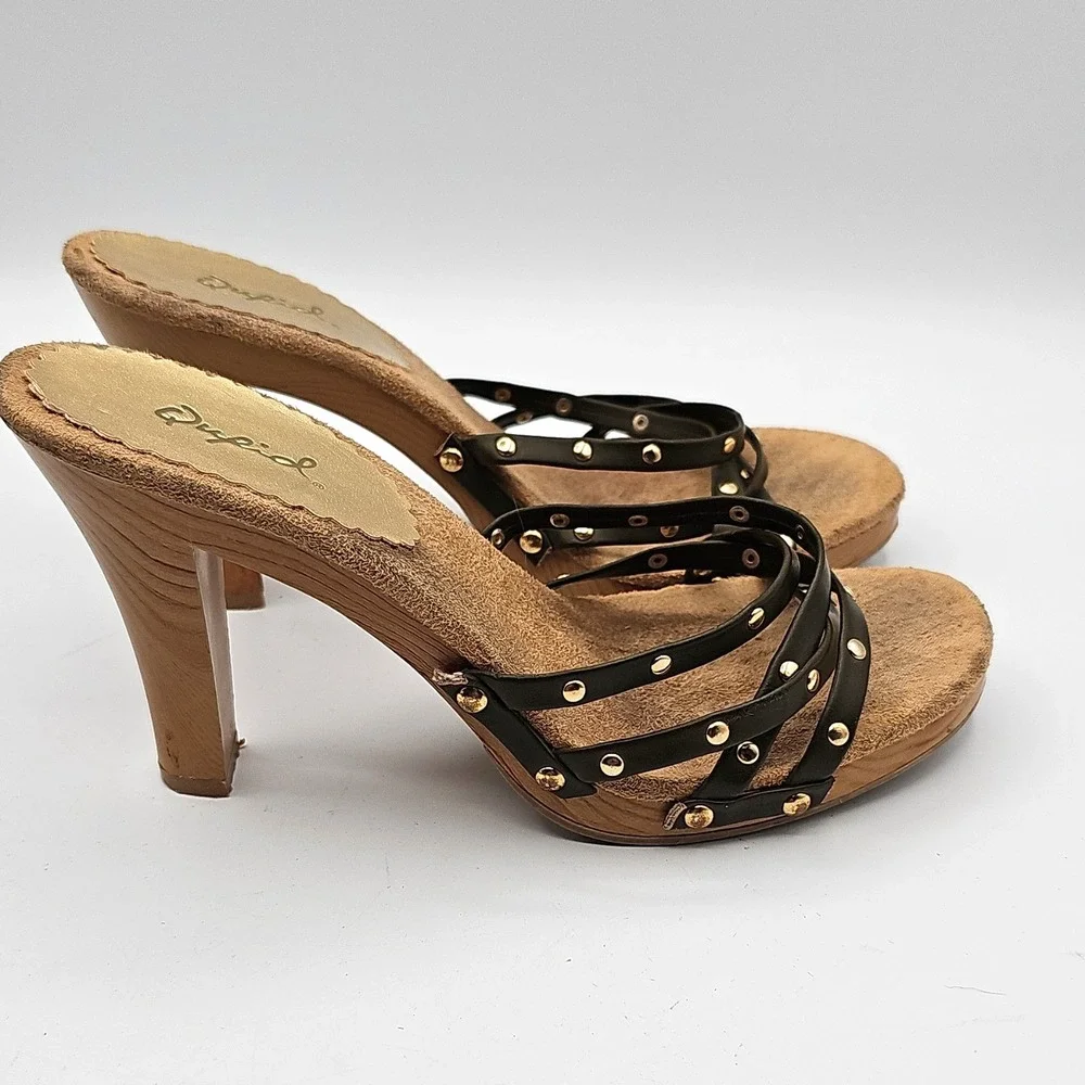 Qupid Black & Brown Studded Strappy Stiletto Heels Sandals Size 7 Y2K
